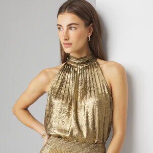 NWT WHBM Bronze Gold Metallic Halter Pleated Shell Top 8